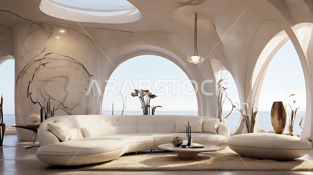 الاستمتاع بالجلسات الهادئة والاطلالة الطبيعية, التصاميم الفنية على الطراز الحديث, الديكورات والأثاث الراقي باللون الأبيض, الفن الهندسي المعماري للمنتجعات والفلل السياحية الفاخرة في المملكة العربية السعودية