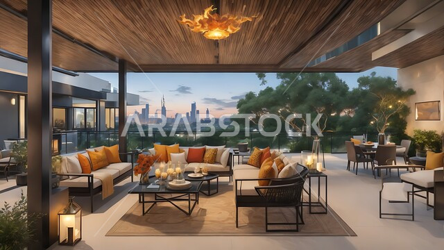 The distinctive view of the outdoor garden of the house, modern interior designs and upscale decorations for residential apartments in the Kingdom of Saudi Arabia, urban growth and progress, elegant and comfortable furniture, architectural engineering art for villas and new properties, the concept of comfort, relaxation and tranquility