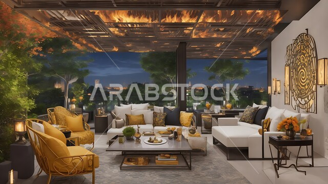 مفهوم الراحة والاسترخاء والهدوء, الإطلالة المتميزة على حديقة المنزل الخارجية, تصاميم داخلية وديكورات راقية على الطراز الحديث لشقق سكنية في المملكة العربية السعودية، النمو والتقدم العمراني، أثاث أنيق ومريح، الفن الهندسي المعماري للفلل والعقارات الجديدة