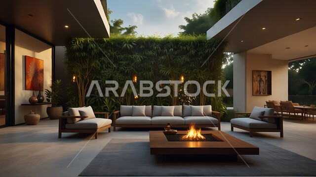 مفهوم الراحة والاسترخاء والهدوء, الإطلالة المتميزة على حديقة المنزل الخارجية, تصاميم داخلية وديكورات راقية على الطراز الحديث لشقق سكنية في المملكة العربية السعودية، النمو والتقدم العمراني، أثاث أنيق ومريح، الفن الهندسي المعماري للفلل والعقارات الجديدة