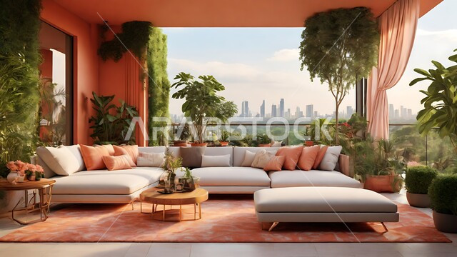 The concept of elegance, order and high-end engineering art, modern architectural designs, sophisticated interior decorations in calm colors for apartments and tourist villas in the Kingdom of Saudi Arabia, interest in home ornamental plants