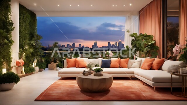 The concept of elegance, order and high-end engineering art, modern architectural designs, sophisticated interior decorations in calm colors for apartments and tourist villas in the Kingdom of Saudi Arabia, interest in home ornamental plants