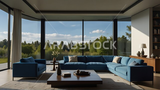  الديكورات الداخلية الراقية للفلل والشقق السكنية في المملكة العربية السعودية, اكسسوارات وتحف عصرية، التصاميم الداخلية لغرف الجلوس المريحة على الطراز الحديث، غرفة معيشة باللون الأزرق مع أثاث منزلي فاخر