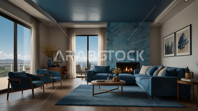  الديكورات الداخلية الراقية للفلل والشقق السكنية في المملكة العربية السعودية, اكسسوارات وتحف عصرية، التصاميم الداخلية لغرف الجلوس المريحة على الطراز الحديث، غرفة معيشة باللون الأزرق مع أثاث منزلي فاخر