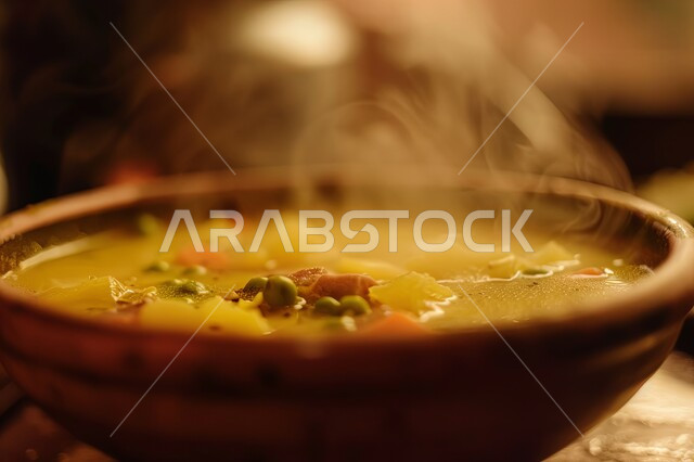 Delicious hot appetizers, traditional popular dishes and meals, oriental foods and meals, kitchens and restaurants of the Kingdom of Saudi Arabia, snacks and healthy food, vegetable soup with flavors of spices and herbs