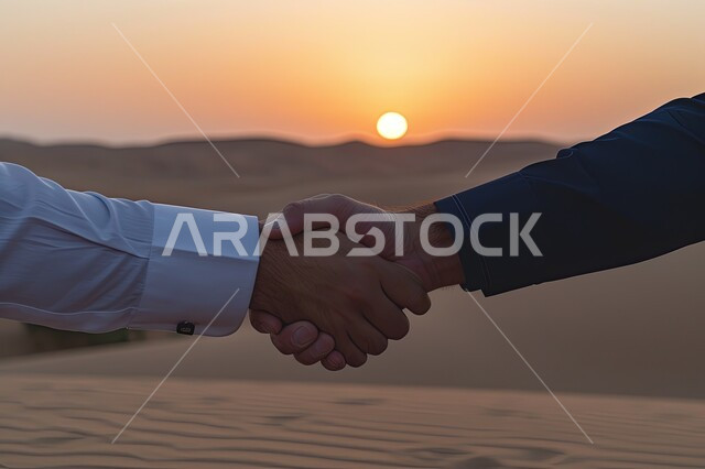 مفهوم التعارف وتكوين الصداقات, الترحيب والسلام والاستقبال في الهواء الطلق، صورة مقربة لأيدي رجلين عربيين سعوديين خليجيين يقومان بمصافحة بعضهما، الإتفاق والموافقة على المشاريع، التعاون بين الأصدقاء وعقد صفقات ناجحة، خلفية الطبيعة الصحراوية
