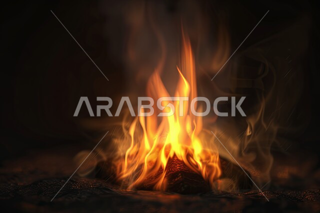 موسم الشتاء في المملكة, حرق خشب الشجر, أجواء شتوية ليلية هادئة, صورة مقربة لشعلة حطب في الصحراء السعودية, جلسات عربية شعبية برية