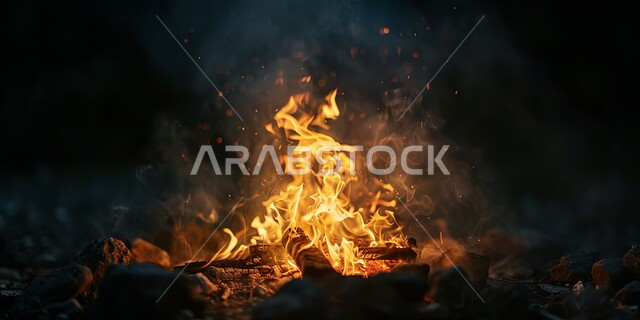 أجواء شتوية ليلية هادئة, صورة مقربة لشعلة حطب في الصحراء السعودية, جلسات عربية شعبية برية, موسم الشتاء في المملكة, حرق خشب الشجر