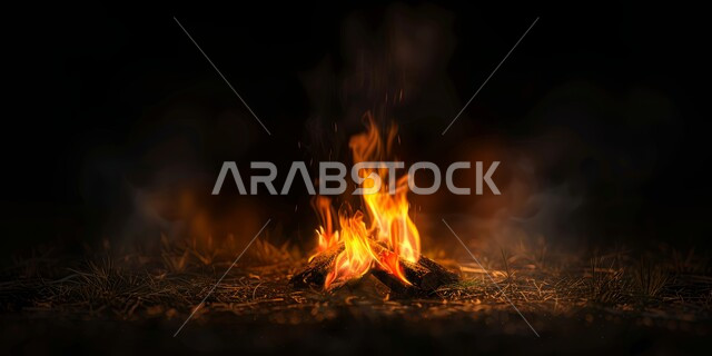 Quiet winter night atmosphere, close-up of a firewood flame in the Saudi desert, traditional Arabic wilderness sessions, winter season in the Kingdom, burning tree wood