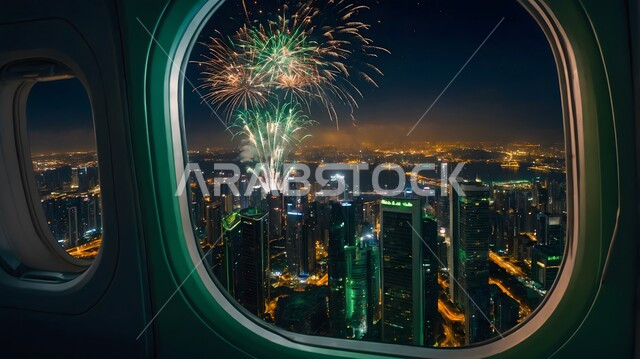Saudi National Day Celebrations and Festivals on September 23, Happy National Holidays and Occasions, Flag Day March 11, Events and Entertainment Activities in the Night Sky, View of Colorful Firecrackers and Fireworks from the Plane Window