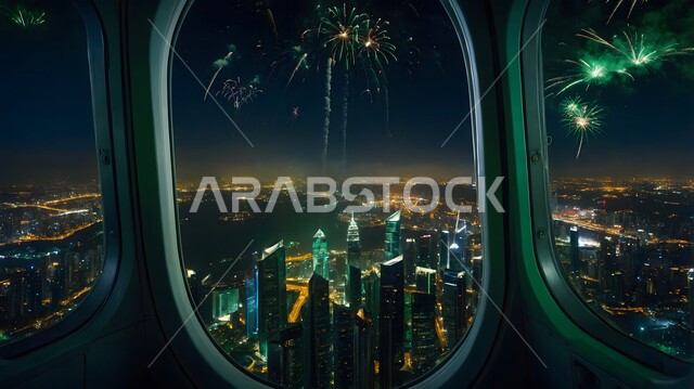 منظر المفرقعات الملونة والالعاب النارية من نافذة الطائرة, احتفالات ومهرجانات في اليوم الوطني السعودي في 23 سبتمبر, الأعياد والمناسبات الوطنية السعيدة, يوم العلم 11 مارس, الفعاليات والأنشطة الترفيهية في السماء ليلا