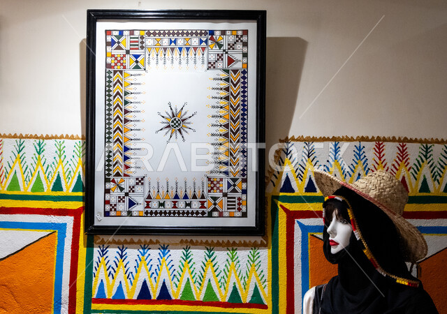 Colorful murals of the Asir cat in the Asir region in the south of the Kingdom of Saudi Arabia, antiquity, authenticity and Gulf folk heritage, famous historical tourist places and landmarks, distinctive heritage arts and engravings