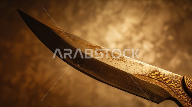 التراث والأصالة والعراقة, قطع الأنتيكا الشعبية الخليجية, التحف الأثرية الأصيلة في المملكة العربية السعودية, صناعات يدويه وحرف مميزة للأسلحة القديمة, صورة مقربة لخنجر مزخرف مصنوع على الطراز الشعبي التقليدي القديم