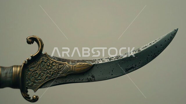 التراث والأصالة والعراقة, قطع الأنتيكا الشعبية الخليجية, التحف الأثرية الأصيلة في المملكة العربية السعودية, صناعات يدويه وحرف مميزة للأسلحة القديمة, صورة مقربة لخنجر مزخرف مصنوع على الطراز الشعبي التقليدي القديم