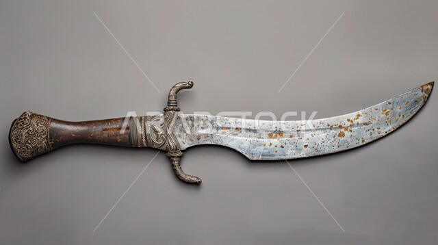 التراث والأصالة والعراقة, قطع الأنتيكا الشعبية الخليجية, التحف الأثرية الأصيلة في المملكة العربية السعودية, صناعات يدويه وحرف مميزة للأسلحة القديمة, صورة مقربة لخنجر مزخرف مصنوع على الطراز الشعبي التقليدي القديم