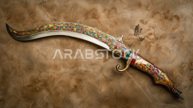 التراث والأصالة والعراقة, قطع الأنتيكا الشعبية الخليجية, التحف الأثرية الأصيلة في المملكة العربية السعودية, صناعات يدويه وحرف مميزة للأسلحة القديمة, صورة مقربة لخنجر مزخرف مصنوع على الطراز الشعبي التقليدي القديم