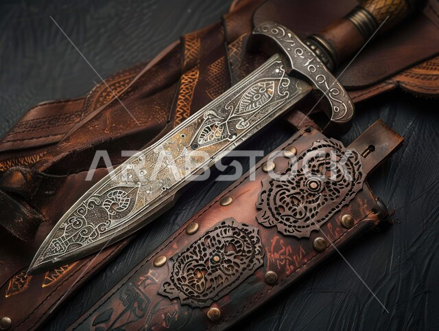  قطع الأنتيكا الشعبية الخليجية، التراث والأصالة والعراقة, التحف الأثرية الأصيلة في المملكة العربية السعودية, صناعات يدويه وحرف مميزة للأسلحة القديمة, صورة مقربة لخنجر مزخرف مصنوع على الطراز الشعبي التقليدي القديم