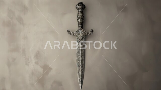  قطع الأنتيكا الشعبية الخليجية، التراث والأصالة والعراقة, التحف الأثرية الأصيلة في المملكة العربية السعودية, صناعات يدويه وحرف مميزة للأسلحة القديمة, صورة مقربة لخنجر مزخرف مصنوع على الطراز الشعبي التقليدي القديم