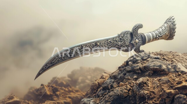  قطع الأنتيكا الشعبية الخليجية، التراث والأصالة والعراقة, التحف الأثرية الأصيلة في المملكة العربية السعودية, صناعات يدويه وحرف مميزة للأسلحة القديمة, صورة مقربة لخنجر مزخرف مصنوع على الطراز الشعبي التقليدي القديم