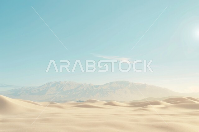 الرمال الذهبية الناعمة والكثبان في المناطق الصحراوية، منظر السماء مع غروب الشمس في صحراء المملكة العربية السعودية، المناخ القاسي والجاف، المناظر الطبيعية في الاماكن البرية