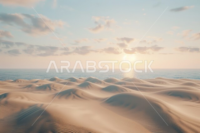 الرمال الذهبية الناعمة والكثبان في المناطق الصحراوية، منظر السماء مع غروب الشمس في صحراء المملكة العربية السعودية، المناخ القاسي والجاف، المناظر الطبيعية في الاماكن البرية