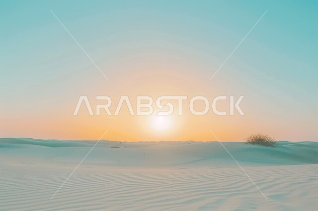 الرمال الذهبية الناعمة والكثبان في المناطق الصحراوية، منظر السماء مع غروب الشمس في صحراء المملكة العربية السعودية، المناخ القاسي والجاف، المناظر الطبيعية في الاماكن البرية