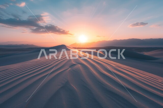 الرمال الذهبية الناعمة والكثبان في المناطق الصحراوية، منظر السماء مع غروب الشمس في صحراء المملكة العربية السعودية، المناخ القاسي والجاف، المناظر الطبيعية في الاماكن البرية