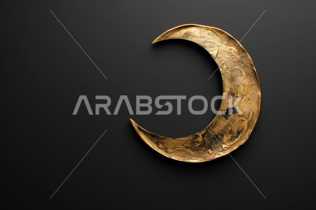 مجسم ثلاثي الابعاد لهلال مزخرف باللون الذهبي، ديكورات وتصاميم اسلامية، الاحتفال بالمناسبات والأعياد الدينية، البهجة بقدوم شهر الخير، ديكورات وزينة رمضان المبارك، خلفية سوداء