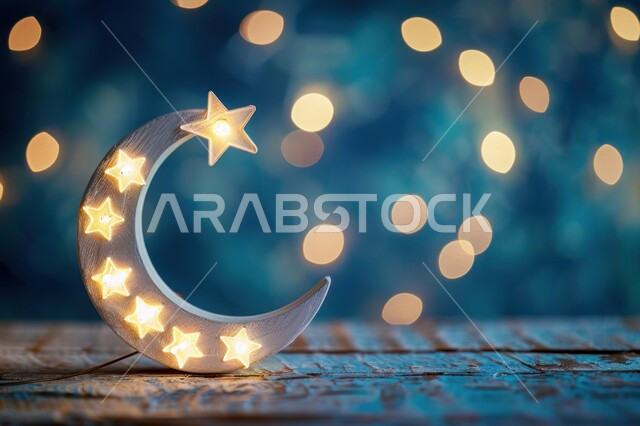 مجسم ثلاثي الابعاد لهلال باللون الذهبي مع نجوم معلقة، ديكورات وتصاميم اسلامية، الاحتفال بالمناسبات والأعياد الدينية، البهجة بقدوم شهر الخير، ديكورات وزينة رمضان المبارك