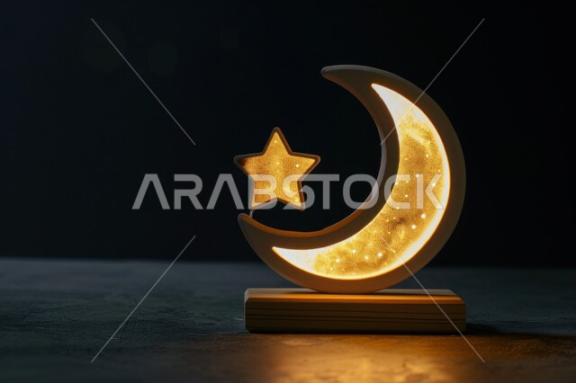مجسم ثلاثي الابعاد لهلال باللون الذهبي مع نجوم معلقة، ديكورات وتصاميم اسلامية، الاحتفال بالمناسبات والأعياد الدينية، البهجة بقدوم شهر الخير، ديكورات وزينة رمضان المبارك