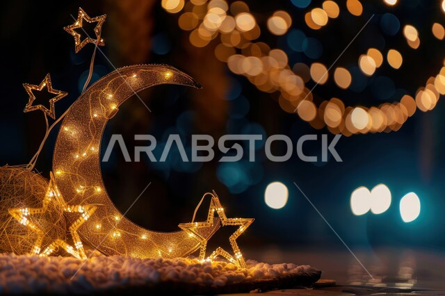 3D model of a golden crescent moon with hanging stars, Islamic decorations and designs, celebrating religious occasions and holidays, joy in the arrival of the month of goodness, Ramadan decorations and ornaments