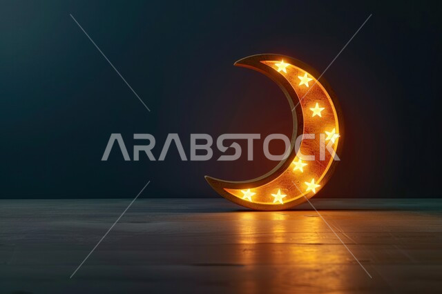 3D model of a golden crescent moon with hanging stars, Islamic decorations and designs, celebrating religious occasions and holidays, joy in the arrival of the month of goodness, Ramadan decorations and ornaments