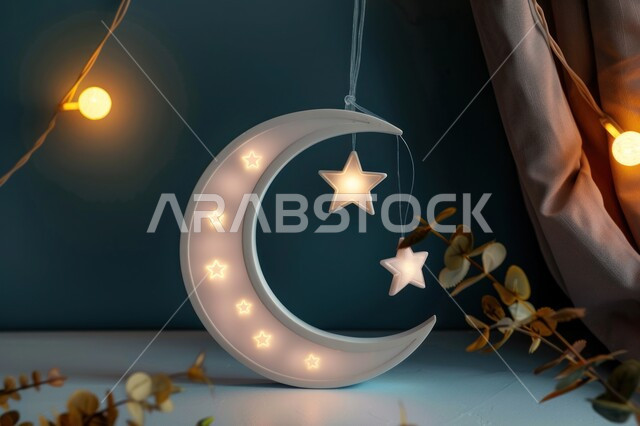 مجسم ثلاثي الابعاد لهلال باللون الذهبي مع نجوم معلقة، ديكورات وتصاميم اسلامية، الاحتفال بالمناسبات والأعياد الدينية، البهجة بقدوم شهر الخير، ديكورات وزينة رمضان المبارك