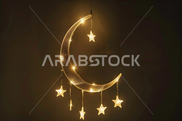 مجسم ثلاثي الابعاد لهلال باللون الذهبي مع نجوم معلقة، ديكورات وتصاميم اسلامية، الاحتفال بالمناسبات والأعياد الدينية، البهجة بقدوم شهر الخير، ديكورات وزينة رمضان المبارك