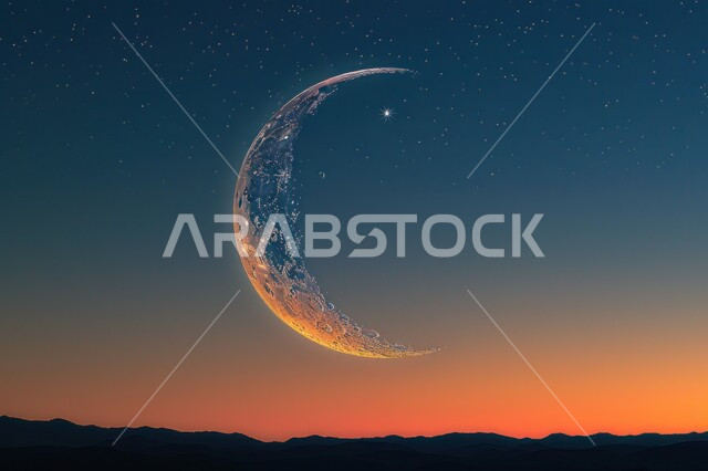 منظر القمر المضيء في السماء وقت غروب الشمس فوق صحراء المملكة العربية السعودية، هلال شهر رمضان المبارك، الاستمتاع بالمناظر الطبيعية المتميزة، خلفيات الطبيعة