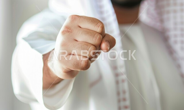 الإعجاب والرضا و الشعور بالسعاده، تحقيق الاهداف و إنجاز المهامات , بورتريه لرجل عربي سعودي خليجي يرتدي الثوب التقليدي ويرفع يديه فرحا بالنصر, ايماءات يدين تدل على الفوز و الكسب, علامة الفرح والقوه, خلفية بيضاء