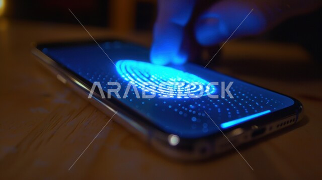 أيقونات الهواتف المحمولة وشبكات الانترنت، صورة مقربة لاصبع انسان يحاول التحقق من بصمة الإصبع على الهاتف الذكي، التطور الالكتروني والنمو التكنولوجي، استخدام التقنيات الحديثة المتطورة، الحفاظ على البيانات الشخصية للمستخدمين