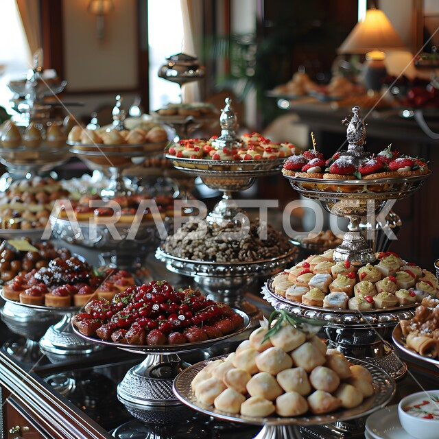 حلويات متنوعة بأطباق معدنية، المأكولات والمقبلات الشهية، سفرة من الحلوى الشعبية التقليدية، فنون تقديم الطعام في المطابخ الشرقية، أطعمة ذات نكهات متميزة، سكريات ووصفات حلا مختلفة