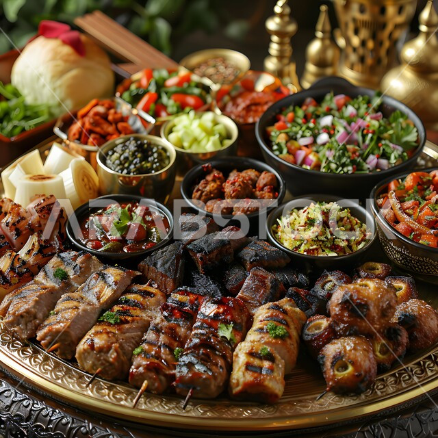  سفرة مليئة بأنواع اللحوم المشوية، مائدة مزينة بمجموعة من الكباب المشوي اللذيذ، المطاعم في المملكة العربية السعودية، مأكولات وأطباق عربية تقليدية, وجبات غذائية غنية بالبروتين, وصفات الطعام الصحية الشهية, فنون تقديم الأطعمة الشرقية اللذيذة