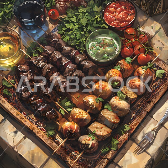  سفرة مليئة بأنواع اللحوم المشوية، مائدة مزينة بمجموعة من الكباب المشوي اللذيذ، المطاعم في المملكة العربية السعودية، مأكولات وأطباق عربية تقليدية, وجبات غذائية غنية بالبروتين, وصفات الطعام الصحية الشهية, فنون تقديم الأطعمة الشرقية اللذيذة
