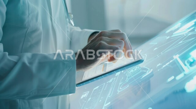متابعة السجل الطبي الالكتروني الخاص بالمريض, وصف الحالة المرضية وتقديم الاستشارات الطبية، صورة مقربة لطبيب عربي خليجي سعودي يرتدي المعطف والسماعة الطبية يحمل بيده  جهاز التابلت، وصف العلاج والتوعيه الطبيه والتثقيفيه