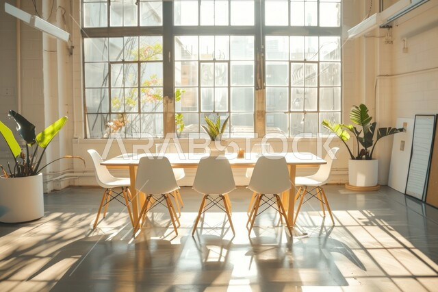 ديكورات منزلية داخلية حديثة لغرف الطعام، غرفة سفرة بتصاميم راقية، الفنون الهندسية و استخدام الطراز الفني الانيق في الاثاث المنزلي، شقق وفلل سكنية في المملكة العربية السعودية، انعكاس الأشعة الشمسية عبر النافذة الزجاجية