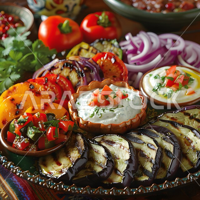 Eastern Arabic cuisine, recipes for grilled foods with various Saudi flavors, delicious healthy foods and foods, beneficial diet meals, a group of fresh grilled vegetables.