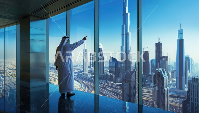 Enjoying the sights of the UAE, the progress and development of architectural art, landmarks and architectural structures at sunset, a picture from the back of an Emirati Gulf Arab man wearing a traditional thobe and white ghutra standing straight in front of the skyscrapers and towers in Dubai
