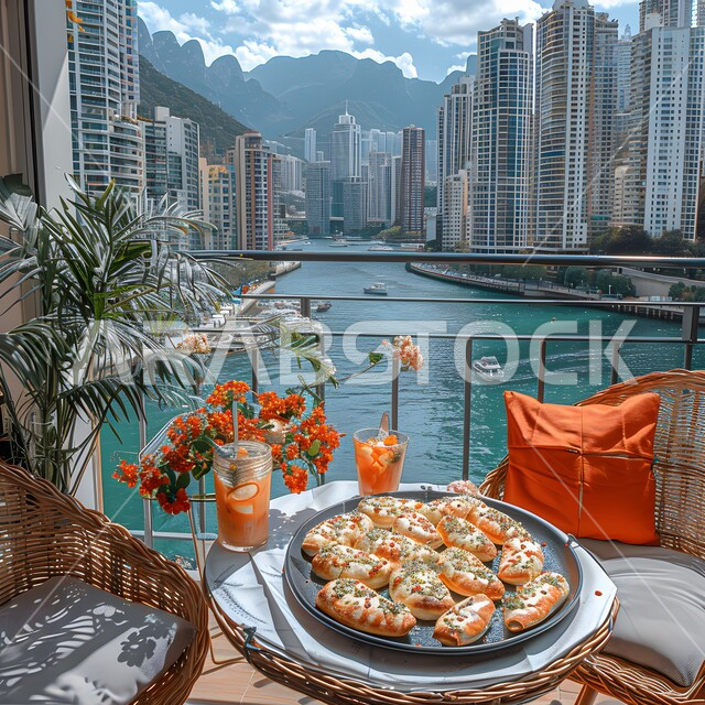شرفة مطلة على الأبراج ومياه البحر، طبق من الحلويات الشهية مع اكواب العصير الباردة، المناظر والاطلالات الطبيعية المتميزة، الفن الهندسي المعماري على الطراز الحديث، نباتات الزينة الخضراء