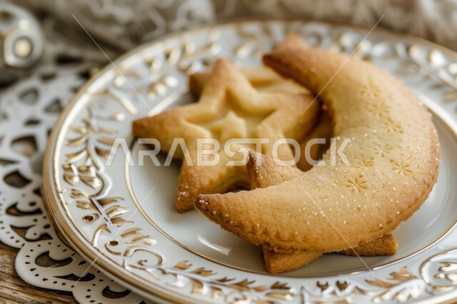 الاحتفال بالمناسبات والأعياد الدينية، صورة مقربة لطبق من البسكويت على شكل هلال ونجمة، الحلويات والسناكات الشهية، منتج وطني محلي، الأطعمة والمأكولات السريعة