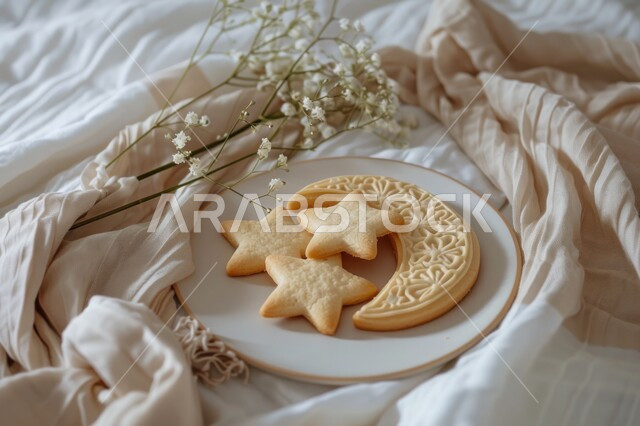 الاحتفال بالمناسبات والأعياد الدينية، صورة مقربة لطبق من البسكويت على شكل هلال ونجمة، الحلويات والسناكات الشهية، منتج وطني محلي، الأطعمة والمأكولات السريعة