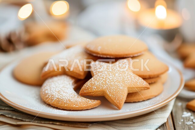 الاحتفال بالمناسبات والأعياد الدينية، صورة مقربة لطبق من البسكويت على شكل هلال ونجمة، الحلويات والسناكات الشهية، منتج وطني محلي، الأطعمة والمأكولات السريعة