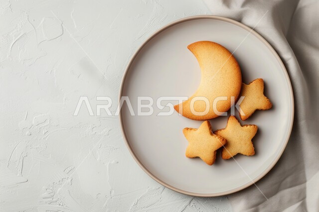Celebrating religious occasions and holidays, close-up of a plate of crescent and star shaped cookies, sweets and delicious snacks, local national product, fast food and snacks
