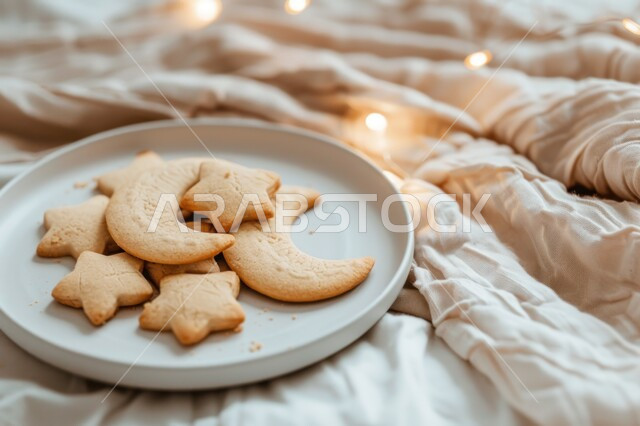 Celebrating religious occasions and holidays, close-up of a plate of crescent and star shaped cookies, sweets and delicious snacks, local national product, fast food and snacks